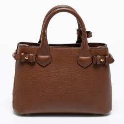 Pre Owned Burberry Brown Leather and House Check Fabric Small Banner Tote