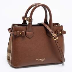 Pre Owned Burberry Brown Leather and House Check Fabric Small Banner Tote
