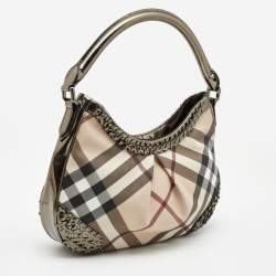 Pre Owned Burberry Beige/Gunmetal Supernova Check PVC and Leather Star Studded Hobo