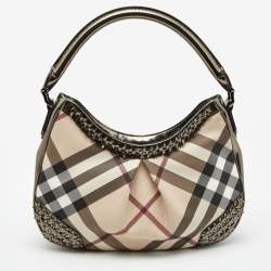 Pre Owned Burberry Beige/Gunmetal Supernova Check PVC and Leather Star Studded Hobo