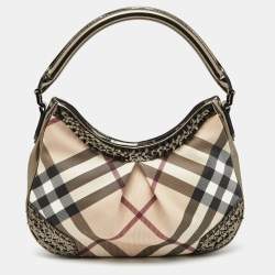 Pre Owned Burberry Beige/Gunmetal Supernova Check PVC and Leather Star Studded Hobo