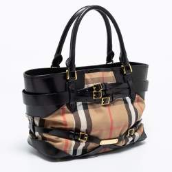 Pre Owned Burberry Beige/Black House Check Canvas And Leather Medium Bridle Lynher Tote