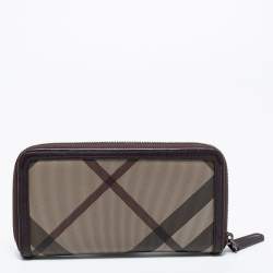 Pre Owned Burberry Brown Coated Canvas And Leather Smoked Check Zip Around Wallet