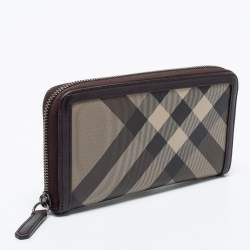 Pre Owned Burberry Brown Coated Canvas And Leather Smoked Check Zip Around Wallet