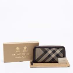 Pre Owned Burberry Brown Coated Canvas And Leather Smoked Check Zip Around Wallet