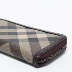 Pre Owned Burberry Brown Coated Canvas And Leather Smoked Check Zip Around Wallet