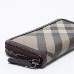 Pre Owned Burberry Brown Coated Canvas And Leather Smoked Check Zip Around Wallet
