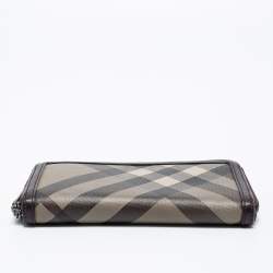 Pre Owned Burberry Brown Coated Canvas And Leather Smoked Check Zip Around Wallet