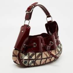Pre Owned Burberry Beige/Burgundy Super Nova Check Mini Warrior Studded Hobo