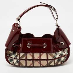 Pre Owned Burberry Beige/Burgundy Super Nova Check Mini Warrior Studded Hobo