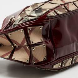 Pre Owned Burberry Beige/Burgundy Super Nova Check Mini Warrior Studded Hobo