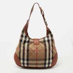 Pre Owned Burberry Tan Quilted House Check Canvas and Leather Brooke Hobo