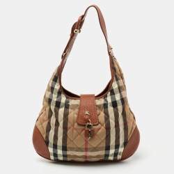 Pre Owned Burberry Tan Quilted House Check Canvas and Leather Brooke Hobo