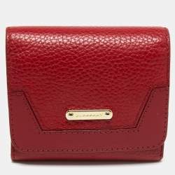 Pre Owned Burberry Red Leather Logo Trifold Compact Wallet