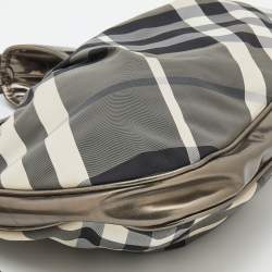 Pre Owned Burberry Grey/Metallic Beat Check Nylon and Patent Leather Small Brooklyn Hobo
