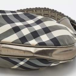Pre Owned Burberry Grey/Metallic Beat Check Nylon and Patent Leather Small Brooklyn Hobo
