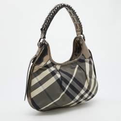 Pre Owned Burberry Grey/Metallic Beat Check Nylon and Patent Leather Small Brooklyn Hobo