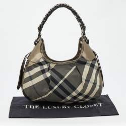 Pre Owned Burberry Grey/Metallic Beat Check Nylon and Patent Leather Small Brooklyn Hobo