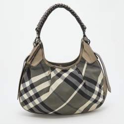 Pre Owned Burberry Grey/Metallic Beat Check Nylon and Patent Leather Small Brooklyn Hobo