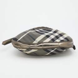 Pre Owned Burberry Grey/Metallic Beat Check Nylon and Patent Leather Small Brooklyn Hobo