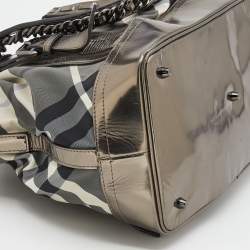 Pre Owned Burberry Grey/Metallic Beat Check Nylon and Patent Leather Medium Lowry Tote