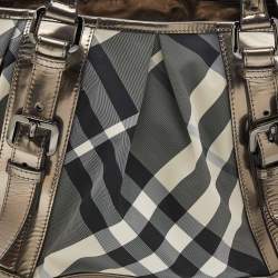 Pre Owned Burberry Grey/Metallic Beat Check Nylon and Patent Leather Medium Lowry Tote
