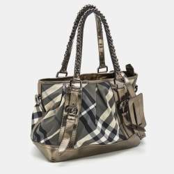 Pre Owned Burberry Grey/Metallic Beat Check Nylon and Patent Leather Medium Lowry Tote