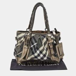 Pre Owned Burberry Grey/Metallic Beat Check Nylon and Patent Leather Medium Lowry Tote