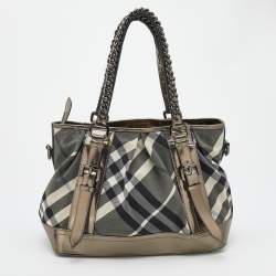 Pre Owned Burberry Grey/Metallic Beat Check Nylon and Patent Leather Medium Lowry Tote