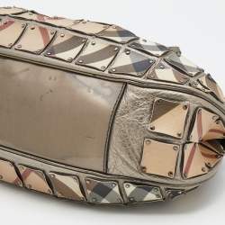 Pre Owned Burberry Beige/Metallic Grey Super Nova Check PVC And Leather Mini Warrior Studded Hobo