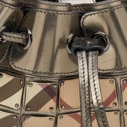 Pre Owned Burberry Beige/Metallic Grey Super Nova Check PVC And Leather Mini Warrior Studded Hobo