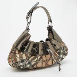 Pre Owned Burberry Beige/Metallic Grey Super Nova Check PVC And Leather Mini Warrior Studded Hobo
