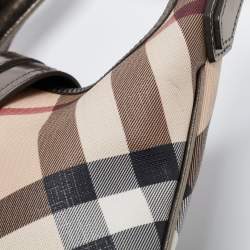 Pre Owned Burberry Beige/ Metallic Grey Leather Nova Check Coated Canvas Brooke Hobo 