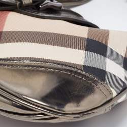 Pre Owned Burberry Beige/ Metallic Grey Leather Nova Check Coated Canvas Brooke Hobo 