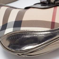 Pre Owned Burberry Beige/ Metallic Grey Leather Nova Check Coated Canvas Brooke Hobo 