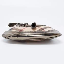 Pre Owned Burberry Beige/ Metallic Grey Leather Nova Check Coated Canvas Brooke Hobo 
