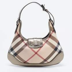 Pre Owned Burberry Beige/ Metallic Grey Leather Nova Check Coated Canvas Brooke Hobo 