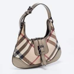 Pre Owned Burberry Beige/ Metallic Grey Leather Nova Check Coated Canvas Brooke Hobo 