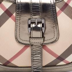Pre Owned Burberry Beige/ Metallic Grey Leather Nova Check Coated Canvas Brooke Hobo 