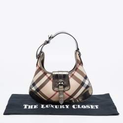 Pre Owned Burberry Beige/ Metallic Grey Leather Nova Check Coated Canvas Brooke Hobo 