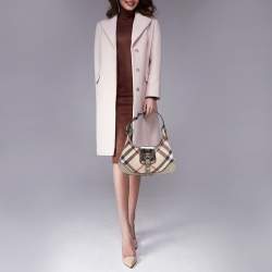 Pre Owned Burberry Beige/ Metallic Grey Leather Nova Check Coated Canvas Brooke Hobo 
