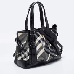 Pre Owned Burberry Grey/Black Beat Check Nylon and Patent Leather Lowry Tote