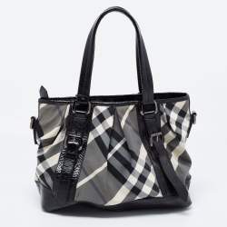 Pre Owned Burberry Grey/Black Beat Check Nylon and Patent Leather Lowry Tote