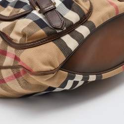 Pre Owned Burberry Beige/Brown House Check Canvas and Leather Front Pocket Hobo