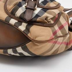 Pre Owned Burberry Beige/Brown House Check Canvas and Leather Front Pocket Hobo