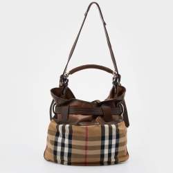 Pre Owned Burberry Beige/Brown House Check Canvas and Leather Front Pocket Hobo