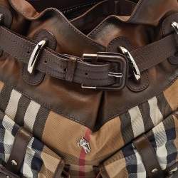 Pre Owned Burberry Beige/Brown House Check Canvas and Leather Front Pocket Hobo