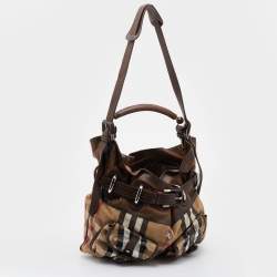 Pre Owned Burberry Beige/Brown House Check Canvas and Leather Front Pocket Hobo