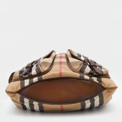 Pre Owned Burberry Beige/Brown House Check Canvas and Leather Front Pocket Hobo