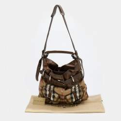 Pre Owned Burberry Beige/Brown House Check Canvas and Leather Front Pocket Hobo